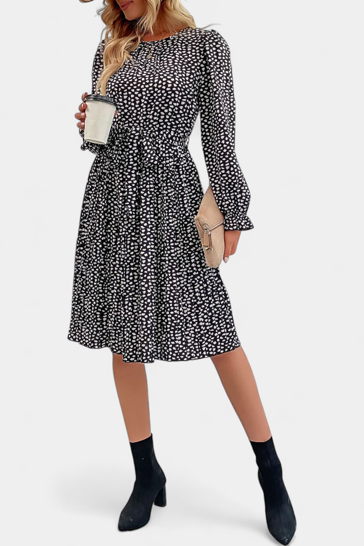 Evabeth Robe Léopard Plissée à Manches Longues