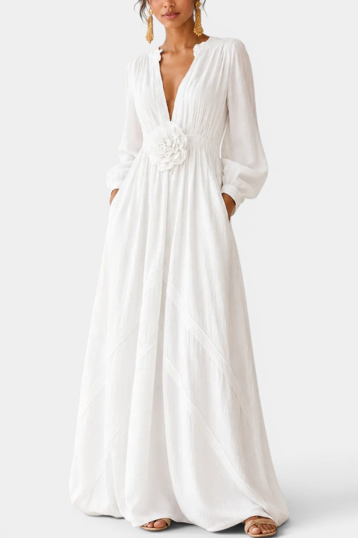 Maëlou - Robe Longue Col V Profond Manches Bouffantes Ceinture Élastique Fleur 3D Poches