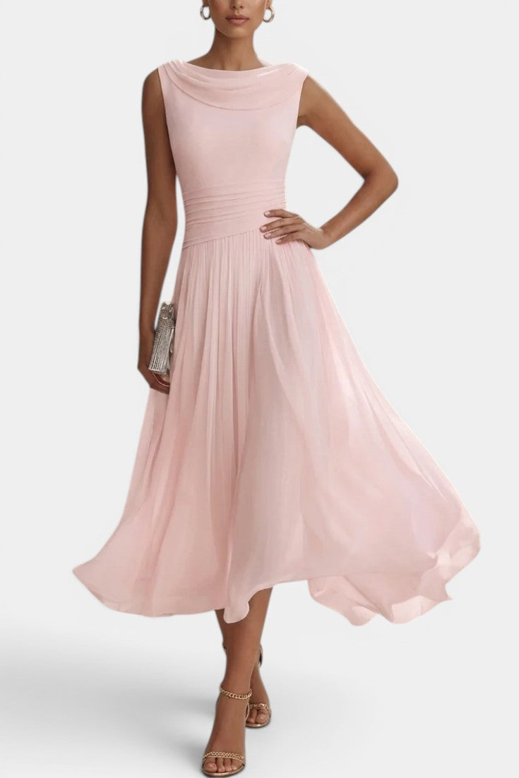 Céleste Robe Midi Plissée à Col Drapé Sans Manches
