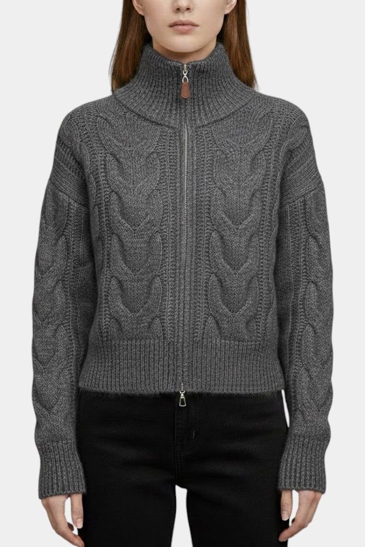 Crystal Gilet Zippé en Tricot Torsadé Blanc à Col Haut