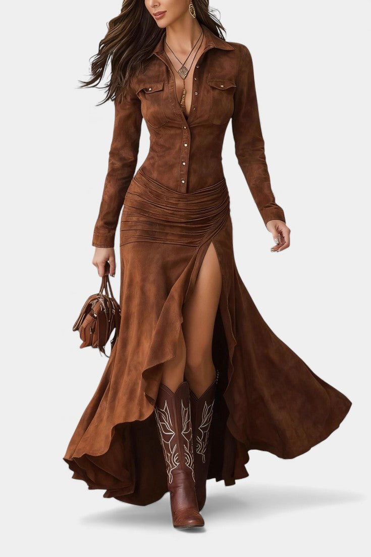 Tilda Robe Longue Marron Rétro à Volants Irréguliers
