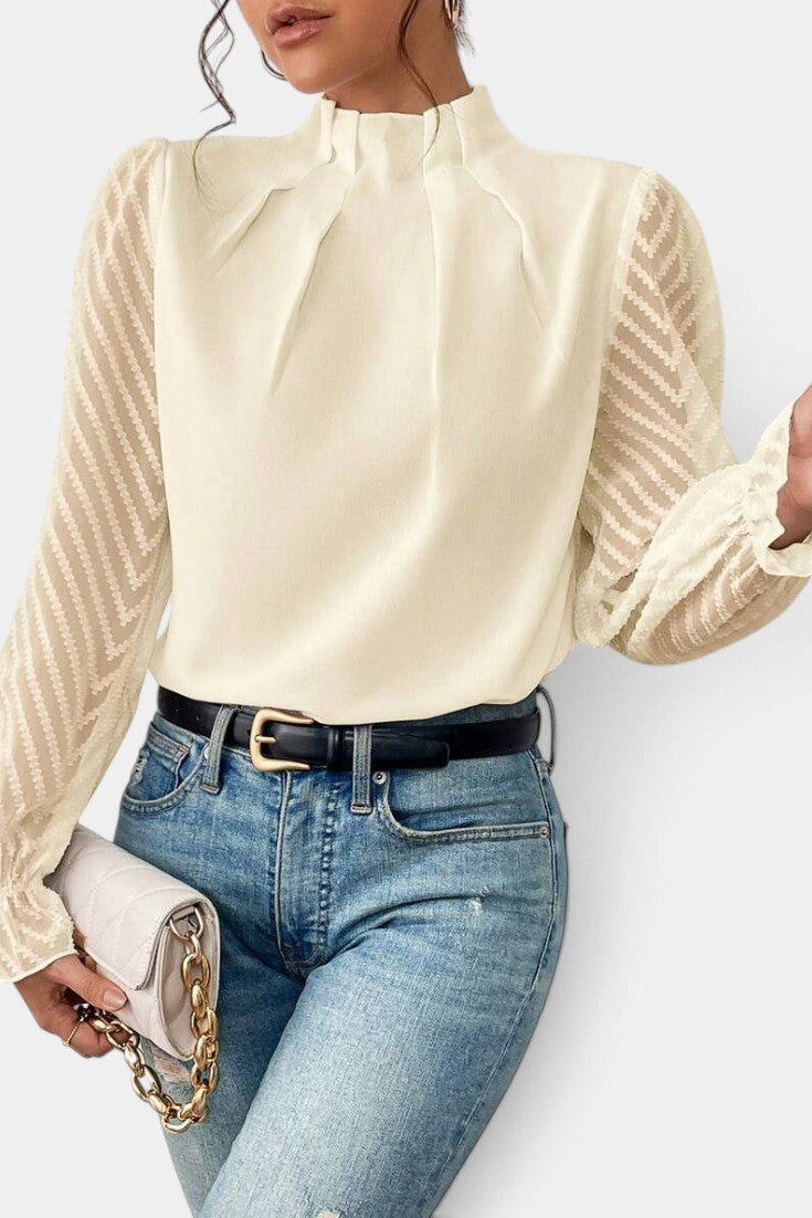 Zaraa - Blouse Élégante à Col Montant Plissé & Manches Transparentes Brodées