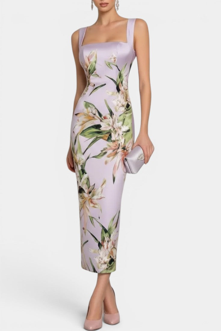 Coralie Robe Midi Fourreau Satin Imprimé Floral Col Carré Bretelles Larges