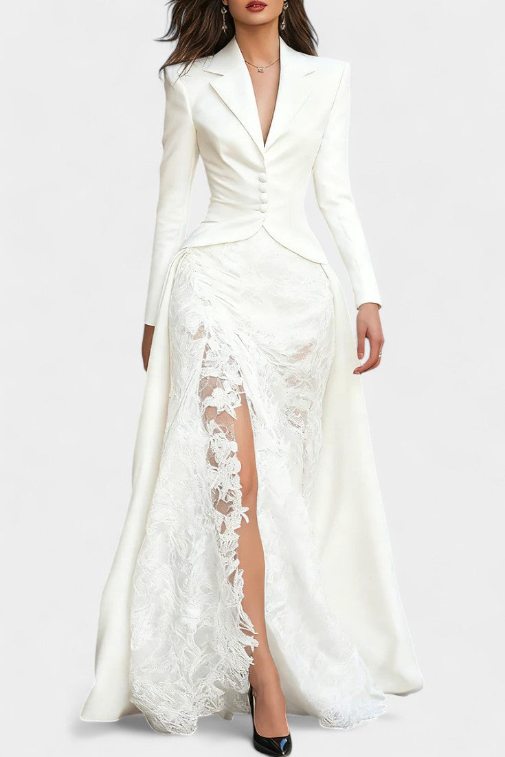 Flavienne Robe Blazer Longue en Satin et Dentelle Noire