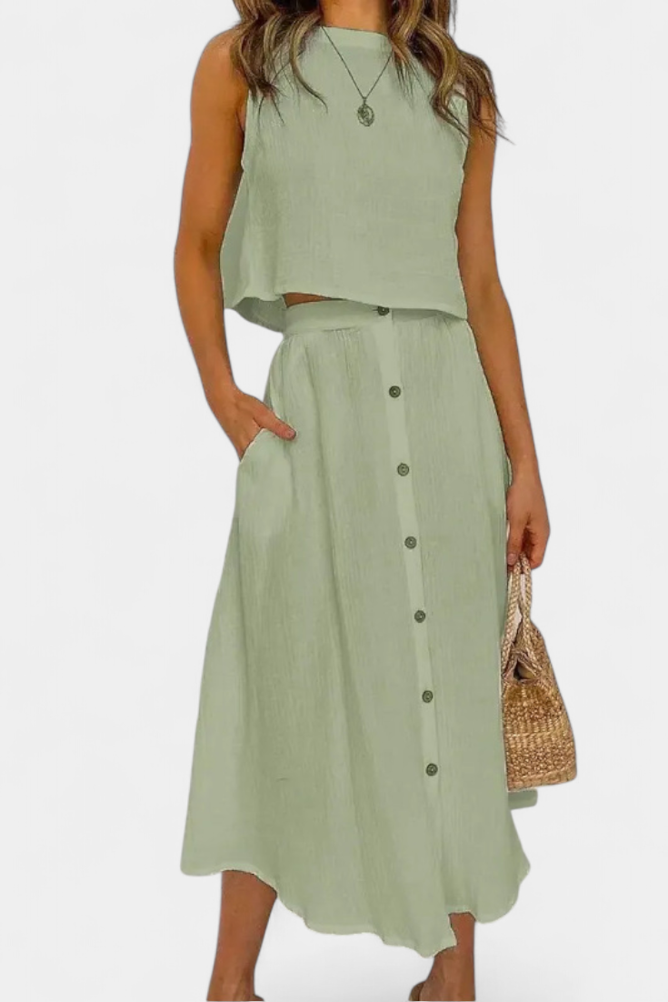 Naha Ensemble Décontracté en Coton à Boutonnage Central et Jupe Midi