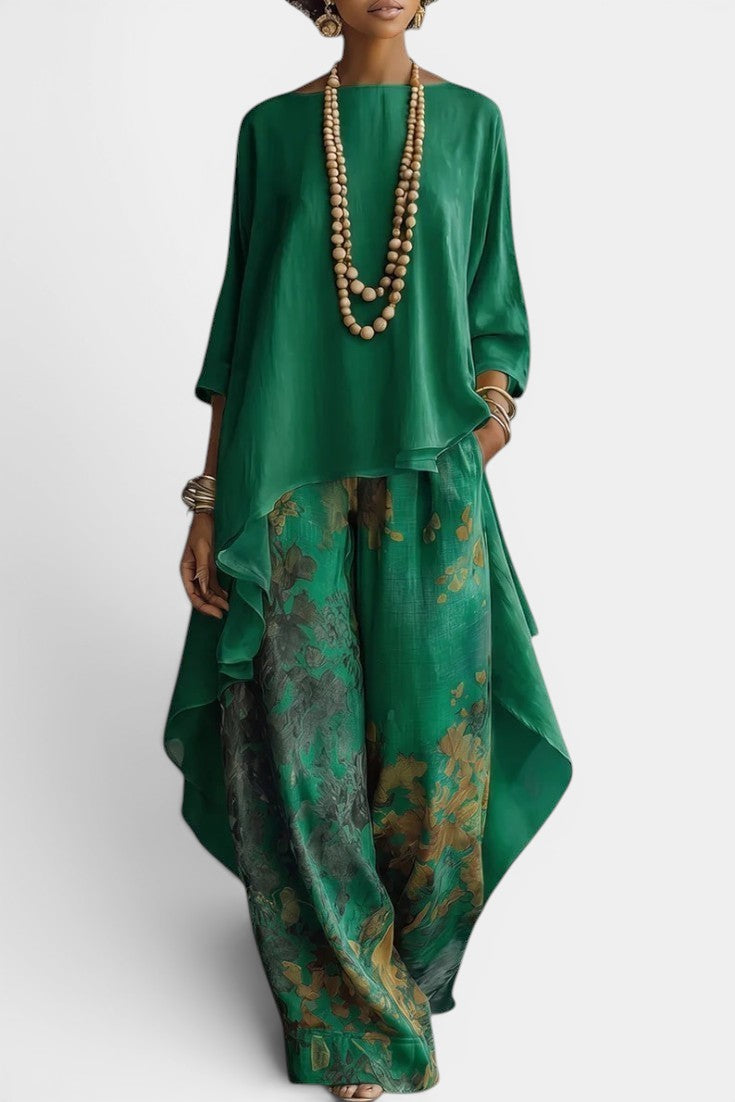 Sage - Ensemble Deux Pièces Col Rond Top Asymétrique & Pantalon Large Imprimé Floral