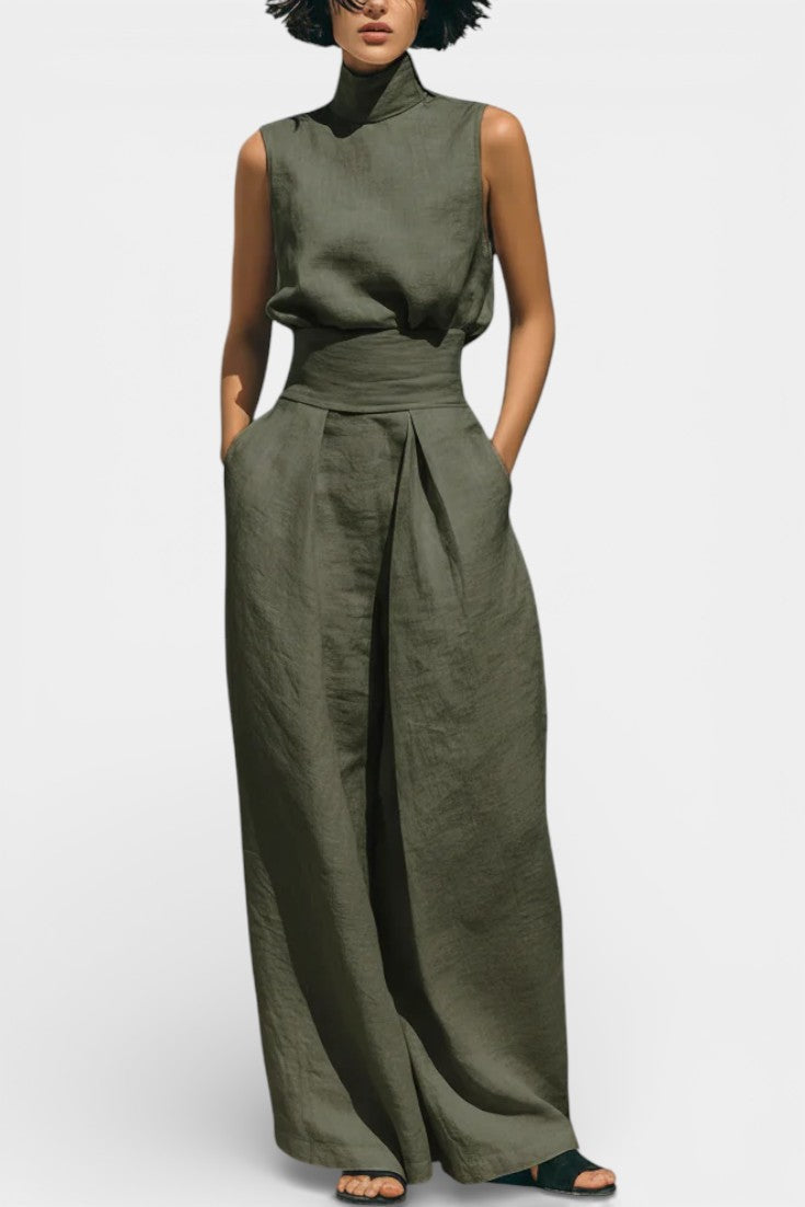 Darlene Ensemble Blouse Sans Manches et Pantalon Large en Mélange de Bambou