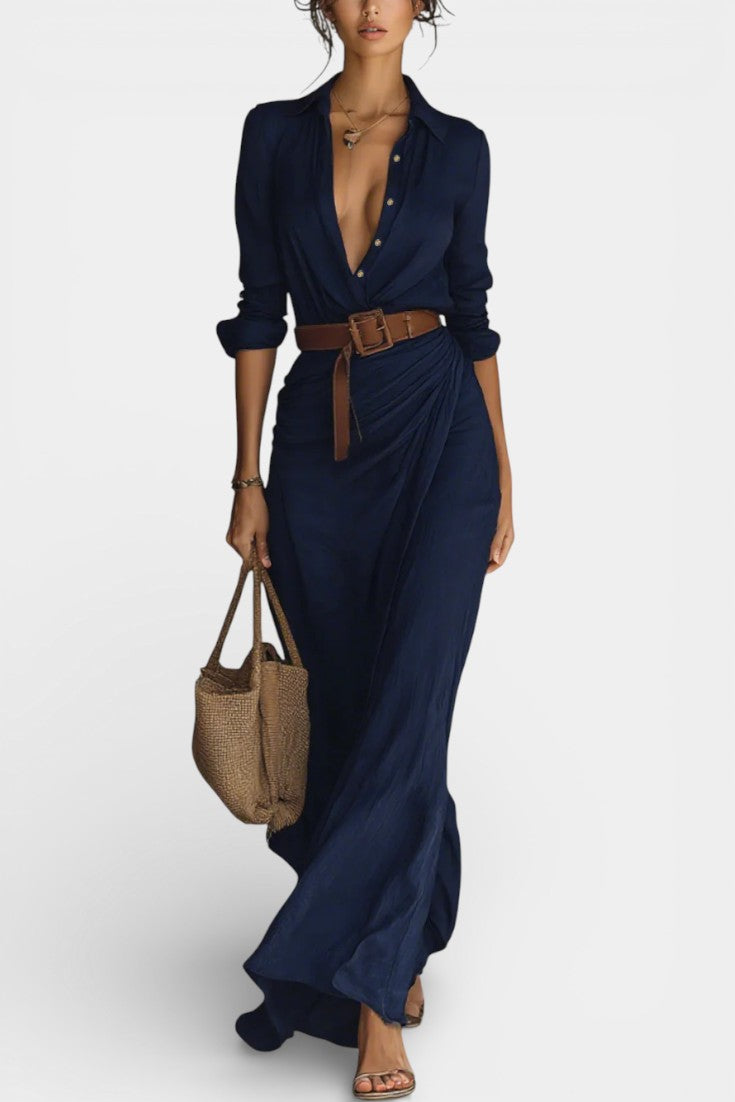 Souline Robe Maxi à Revers et Taille Ceinturée