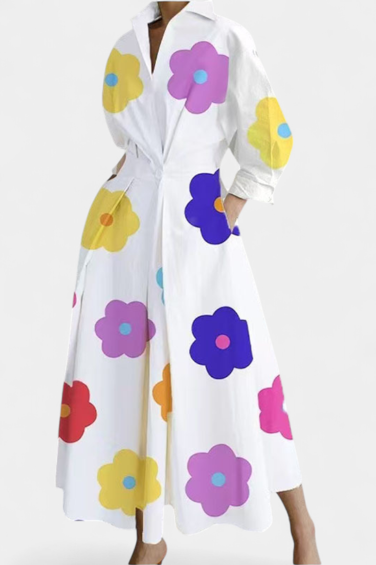 Celina Robe à Col Revers Structuré et Taille Cintrée