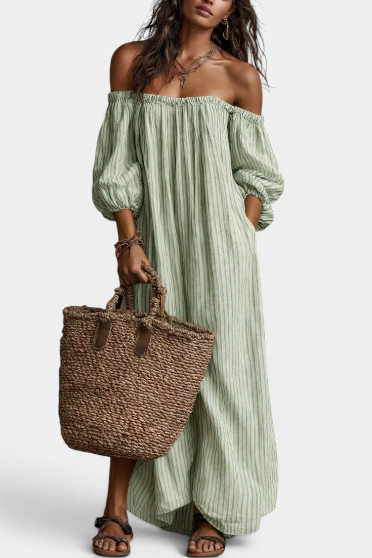 Hestia - Robe Longue Lin Rayé Épaules Dénudées Manches Bouffantes