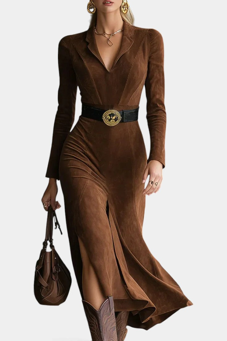 Huguette Robe Midi Fendue en Suédine Synthétique Style Western Rétro