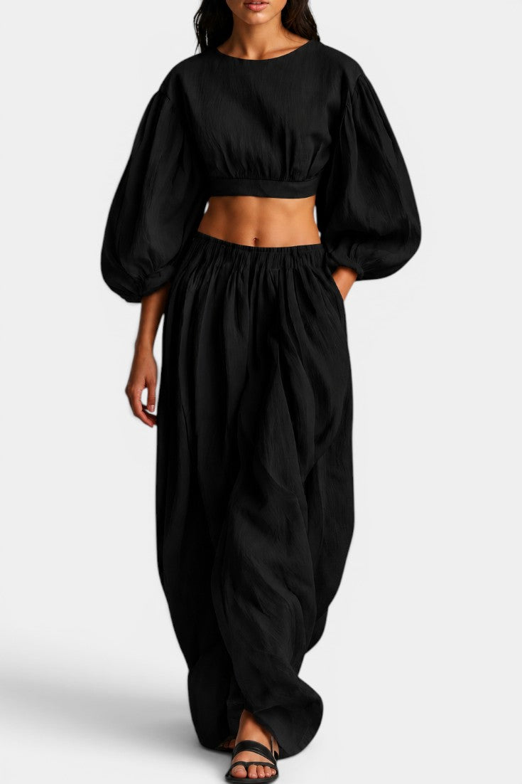 Tsuru - Ensemble Crop Top Manches Bouffantes & Pantalon Large Fronce Volume Cocoon
