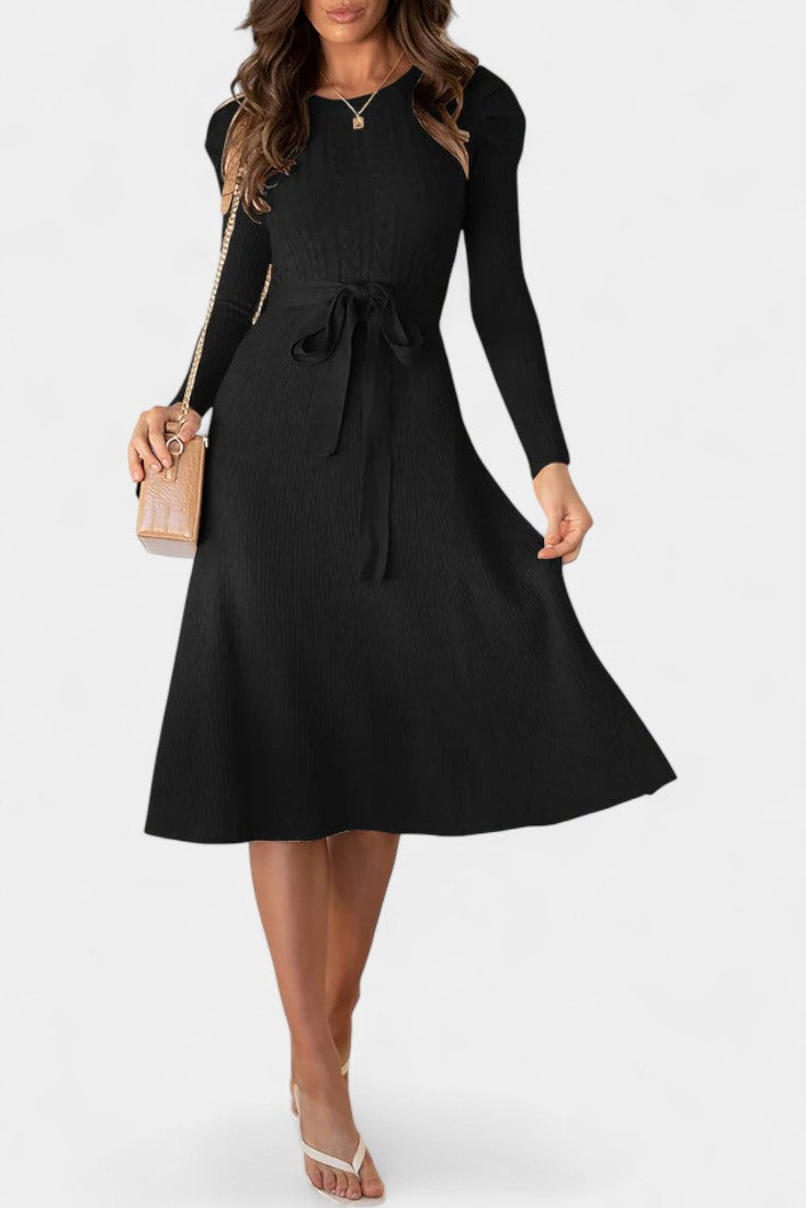 Évoria Robe Pull Midi Tricotée à Manches Bouffantes et Détail Lacé