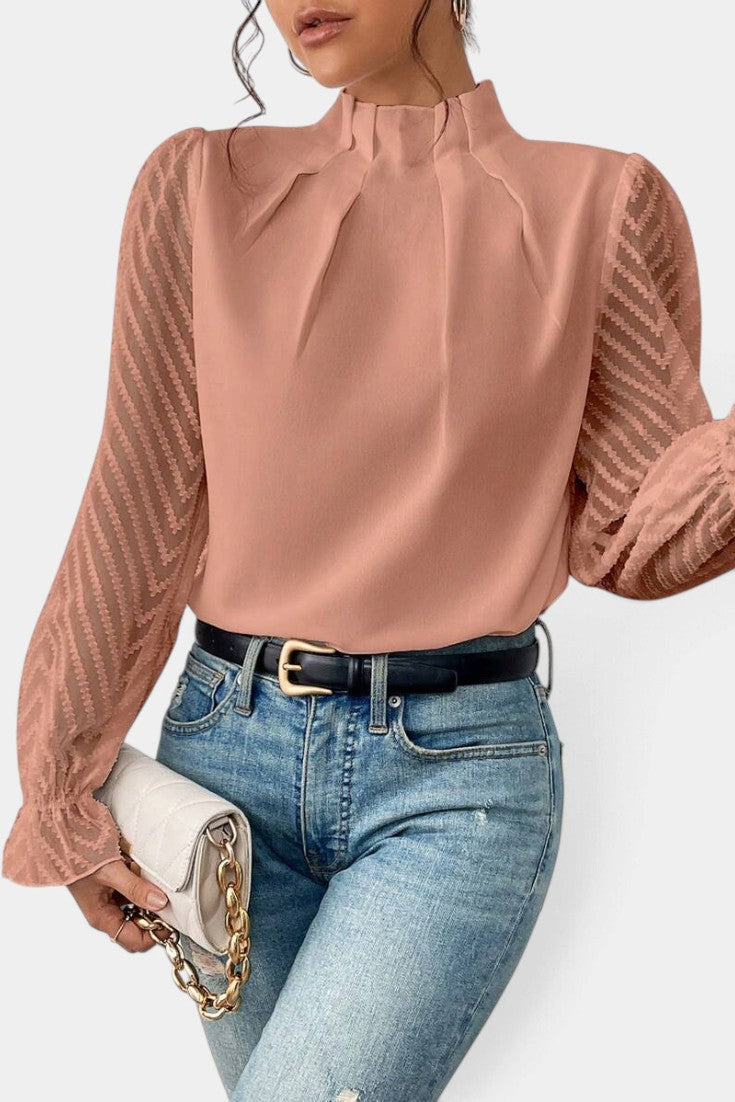 Zaraa - Blouse Élégante à Col Montant Plissé & Manches Transparentes Brodées