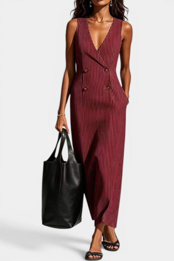 Anneke - Robe Longue Rayée Décolleté V Croisé Double Boutonnage Sans Manches