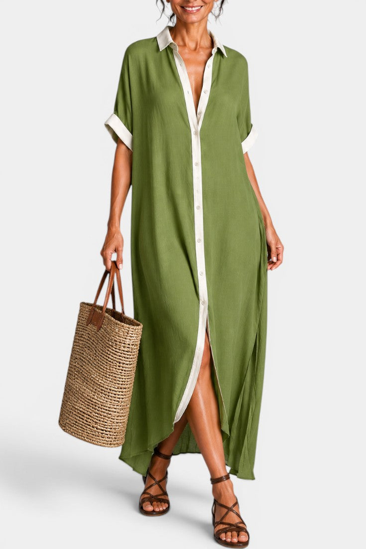 Kori - Robe Longue en Coton et Lin à Manches Courtes