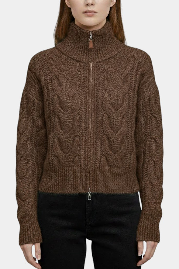 Crystal Gilet Zippé en Tricot Torsadé Blanc à Col Haut