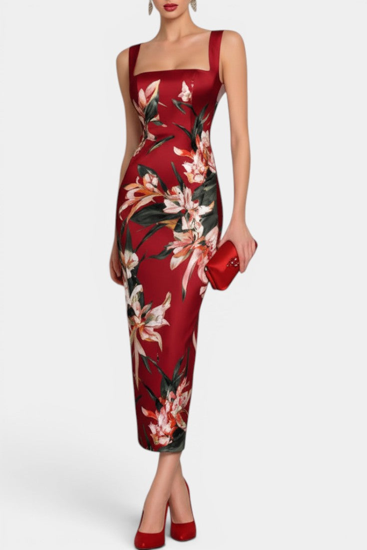 Coralie Robe Midi Fourreau Satin Imprimé Floral Col Carré Bretelles Larges