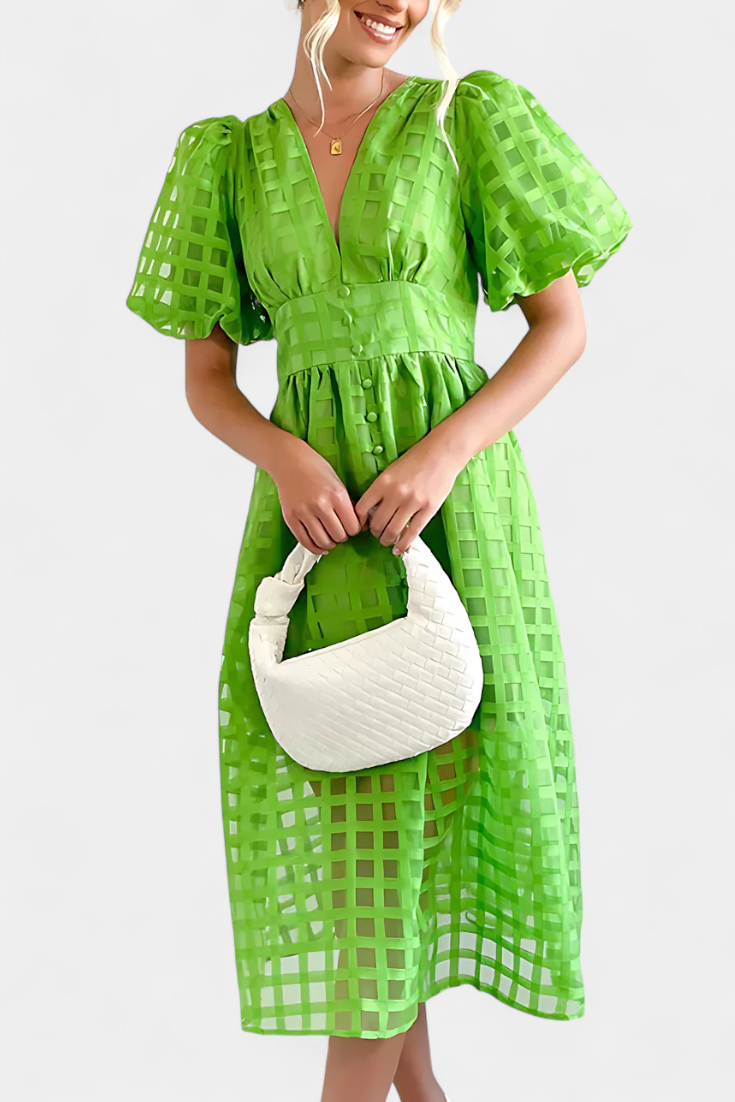 Marigold Robe Midi à Manches Bouffantes et Motif à Carreaux