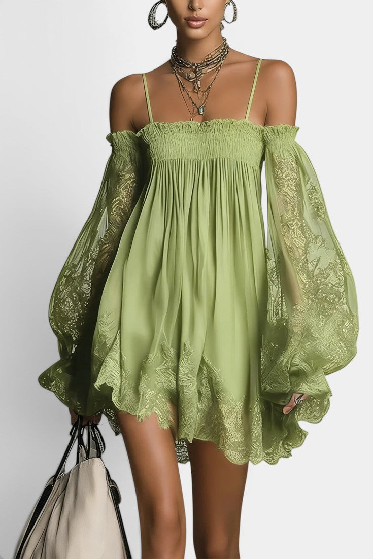 Perrette Robe Mini Chiffon Épaules Dénudées Bustier Smocké & Manches Évêque Dentelle