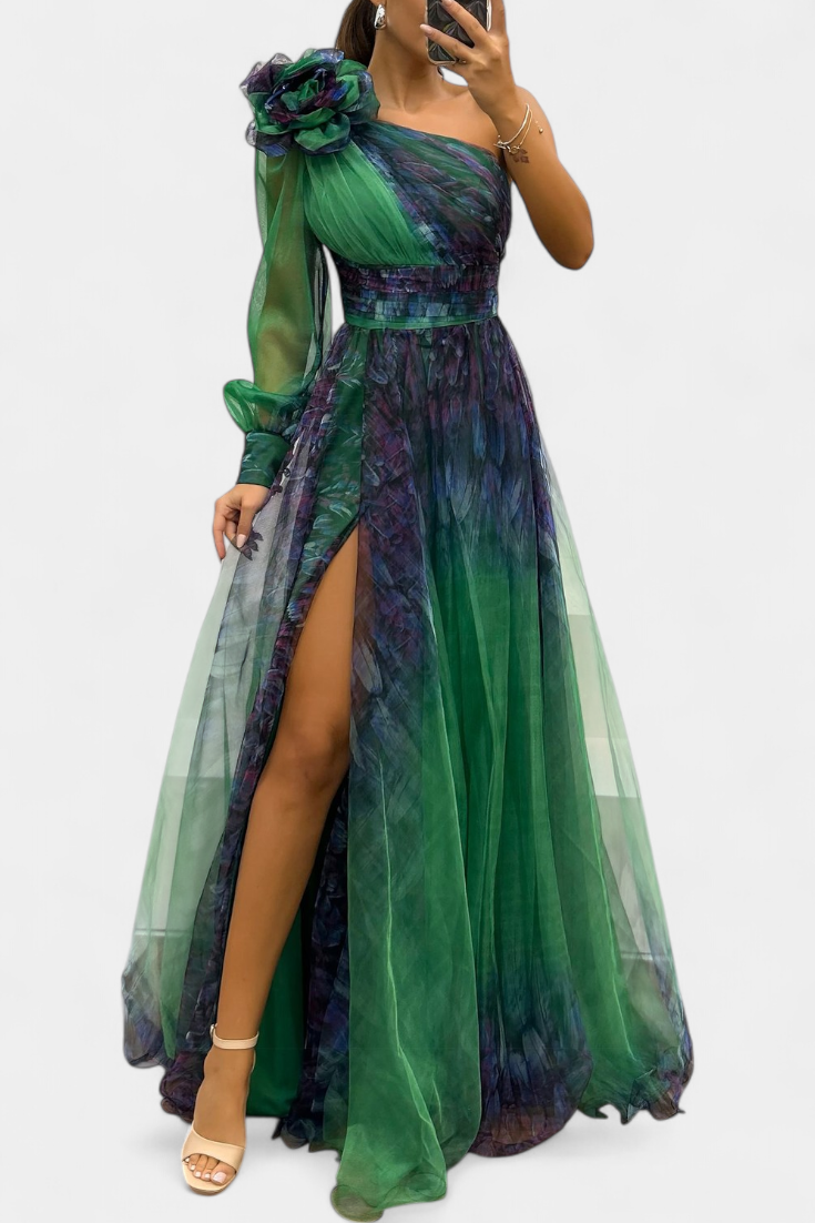 Becca Robe Longue Asymétrique en Chiffon à Fleur Structurée