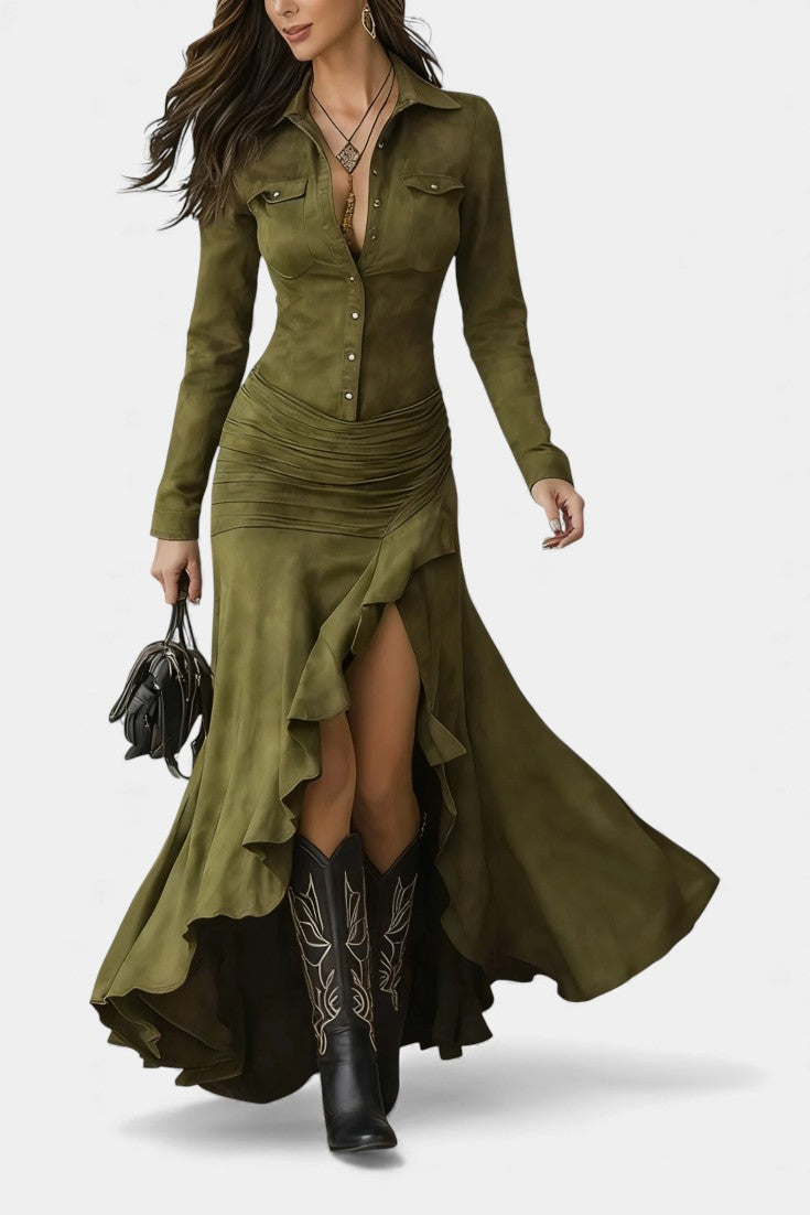 Tilda Robe Longue Marron Rétro à Volants Irréguliers