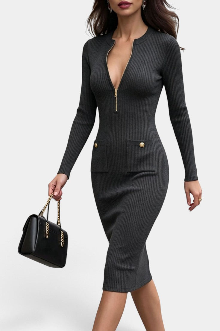 Angelyne - Robe Mi-Longue en Maille Côtelée à Zip & Poches Décoratives