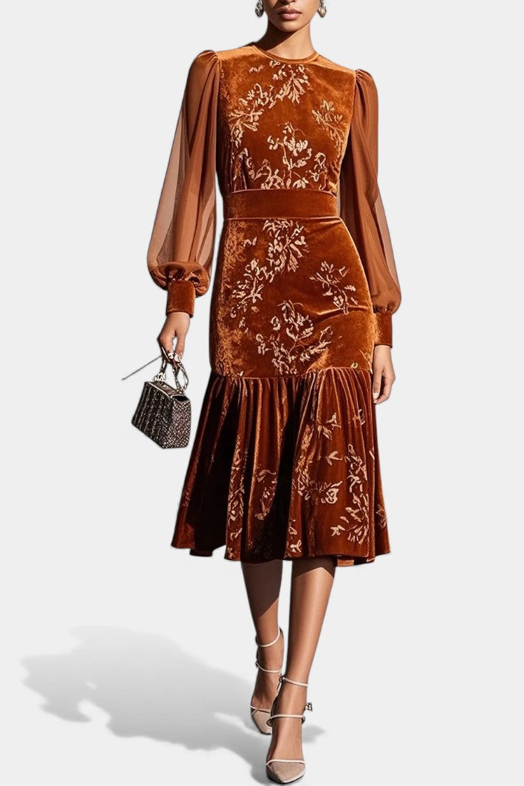 Mavluda Robe Midi Sirène à Manches Bouffantes et Col Rond