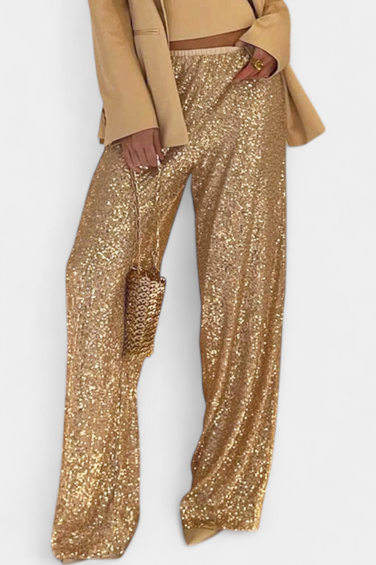 Elva Pantalon à Paillettes Taille Haute et Coupe Ample