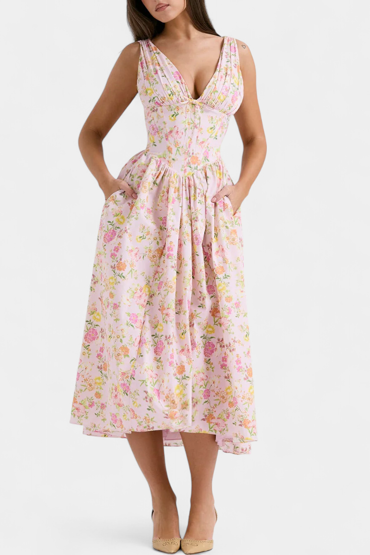 Margie Robe Midi Évasée à Décolleté V et Imprimé Floral