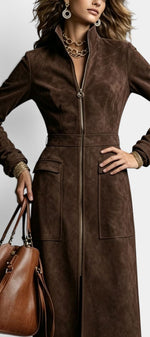 Robe longue effet daim doré Mahaute avec col montant zippé et poches plaquées, détail élégant et tendance.
