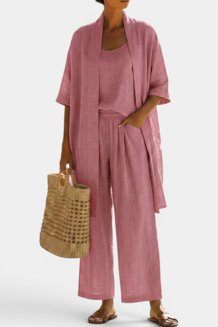 Wilda Ensemble Trois Pièces Lin Top bretelles, Kimono Long Col Châle