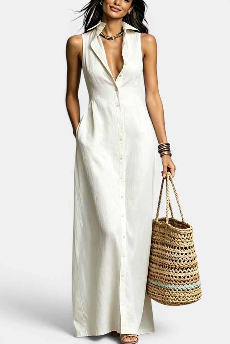 Cerys Robe Maxi Lin Col Chemise Sans Manches Boutonnée Poches