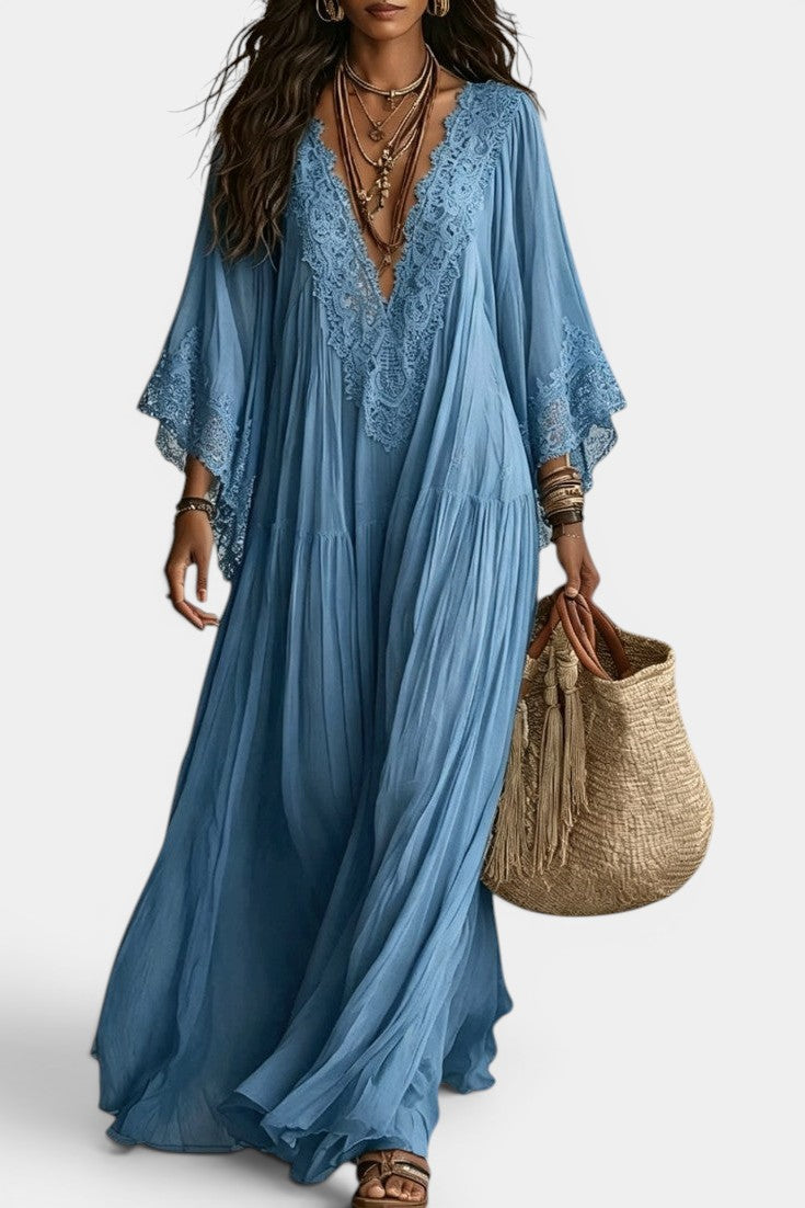 Indie - Vestido Largo Escote V de Encaje Corte Holgado