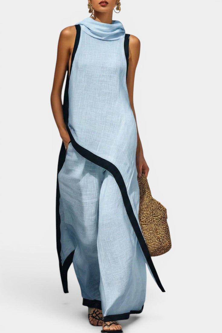 Zuri Ensemble Deux Pièces Lin Capuche Tunique Asymétrique Liseré Contrasté
