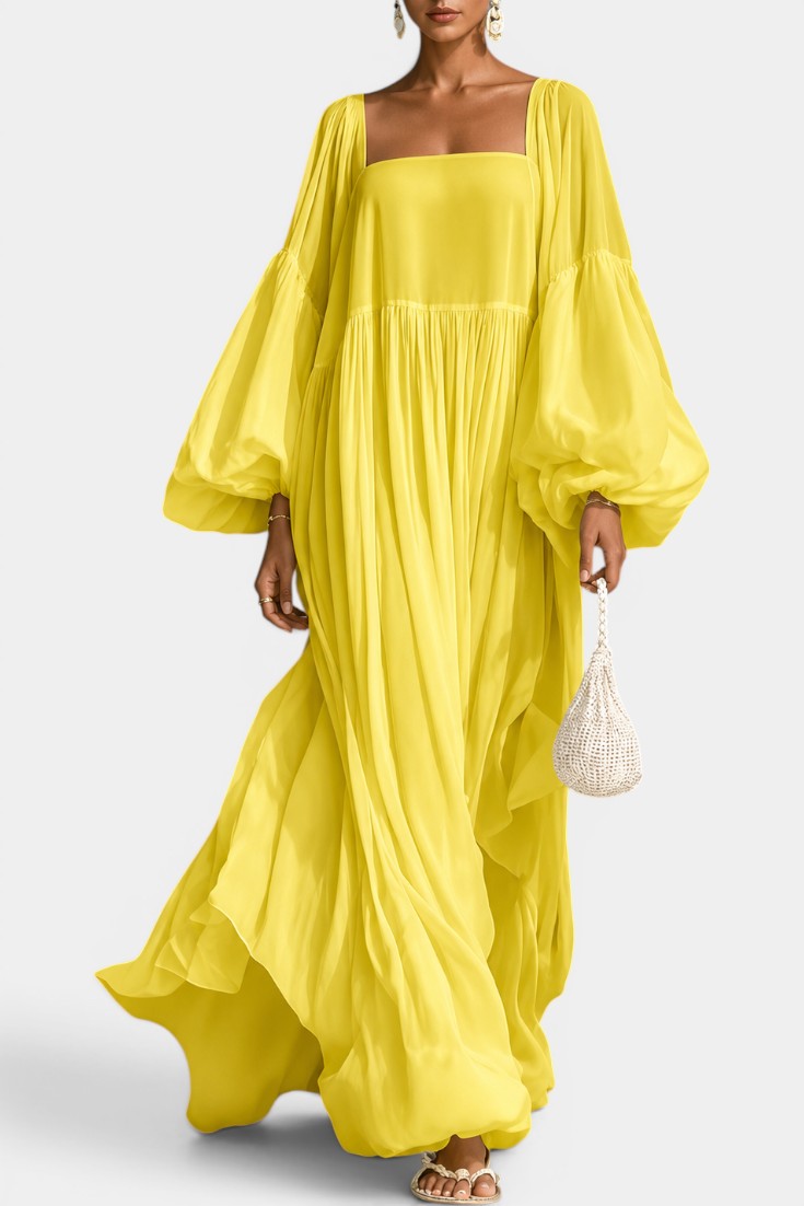 Lunaire - Robe Longue Volumineuse Encolure Carrée Manches Bouffantes Maxi Fluide