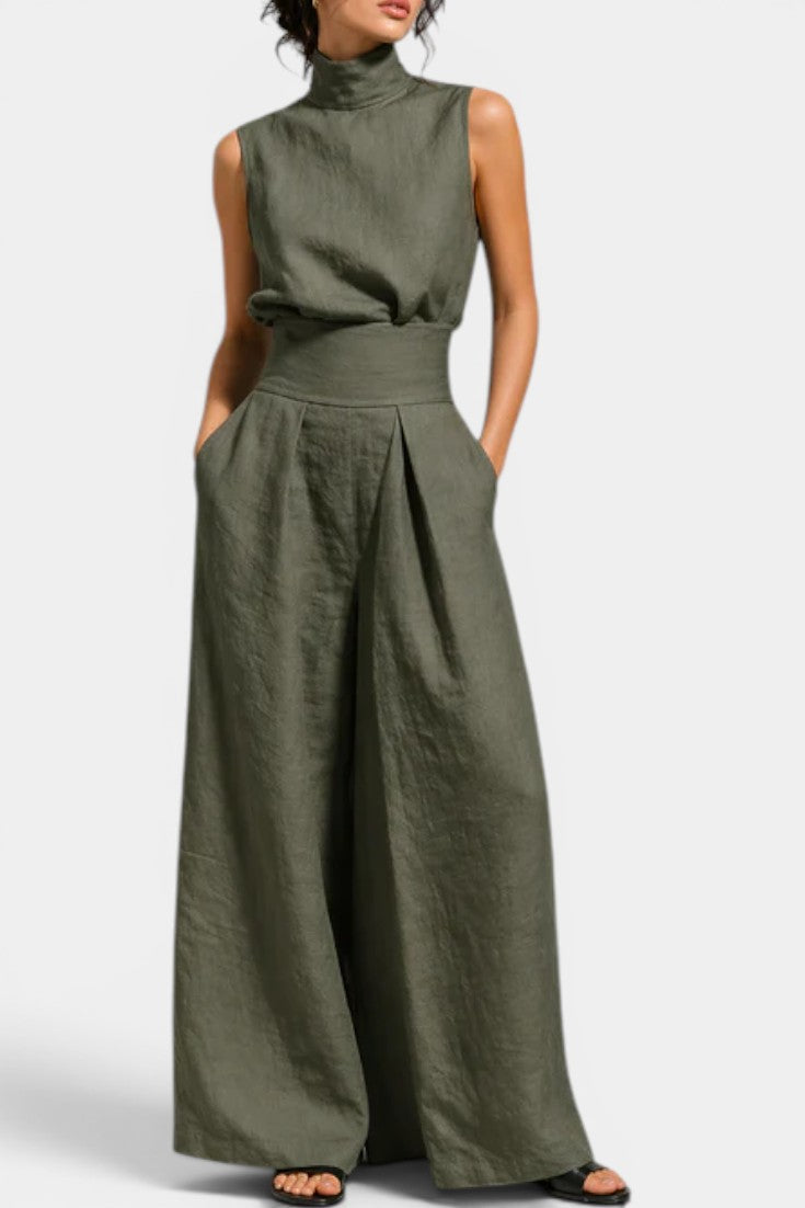 Darlene Ensemble Blouse Sans Manches et Pantalon Large en Mélange de Bambou