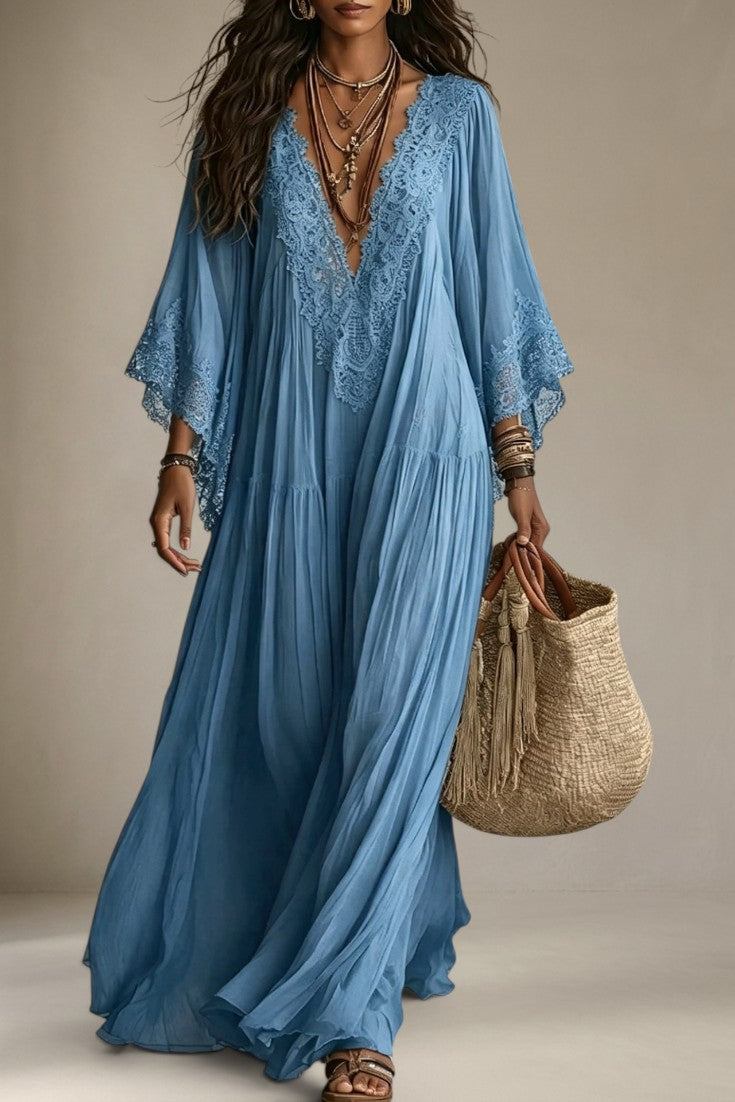 Indie - Robe Longue Col V en Dentelle Coupe Ample