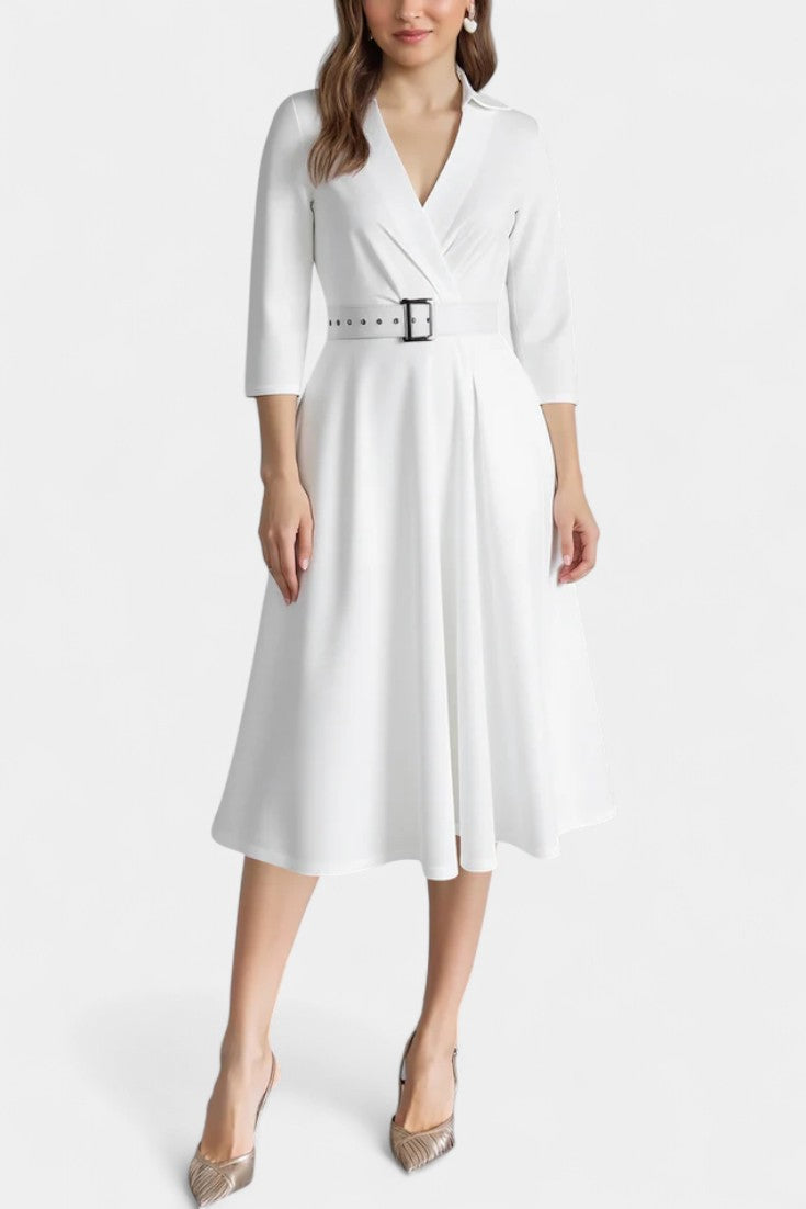 Constance Robe Midi Unie à Col Tailleur et Manches 3/4 Ceinturée