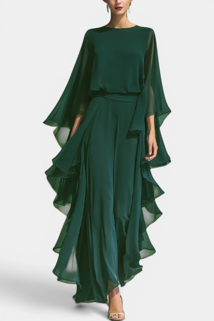 Celiane Ensemble Chiffon Manches Évasées & Pantalon Droit Volanté