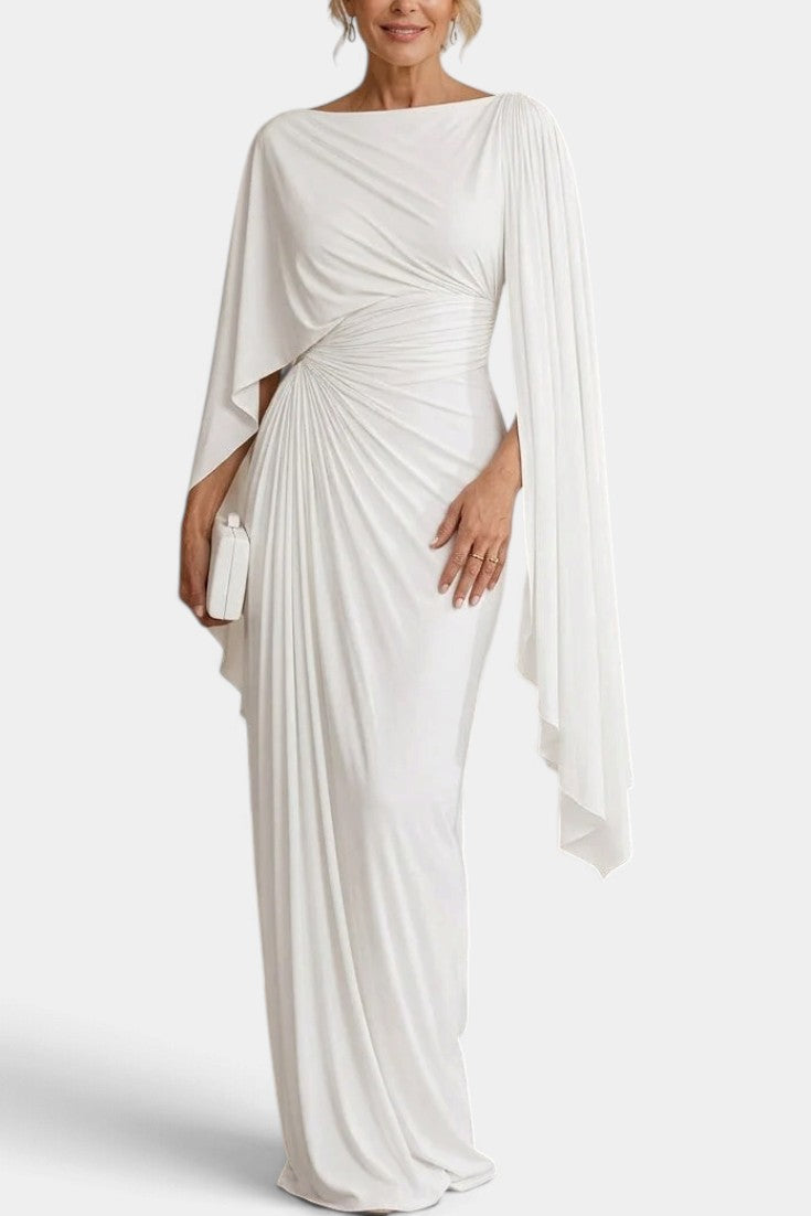 Lioree - Robe Longue Drapée à Manches Cape & Taille Froncée