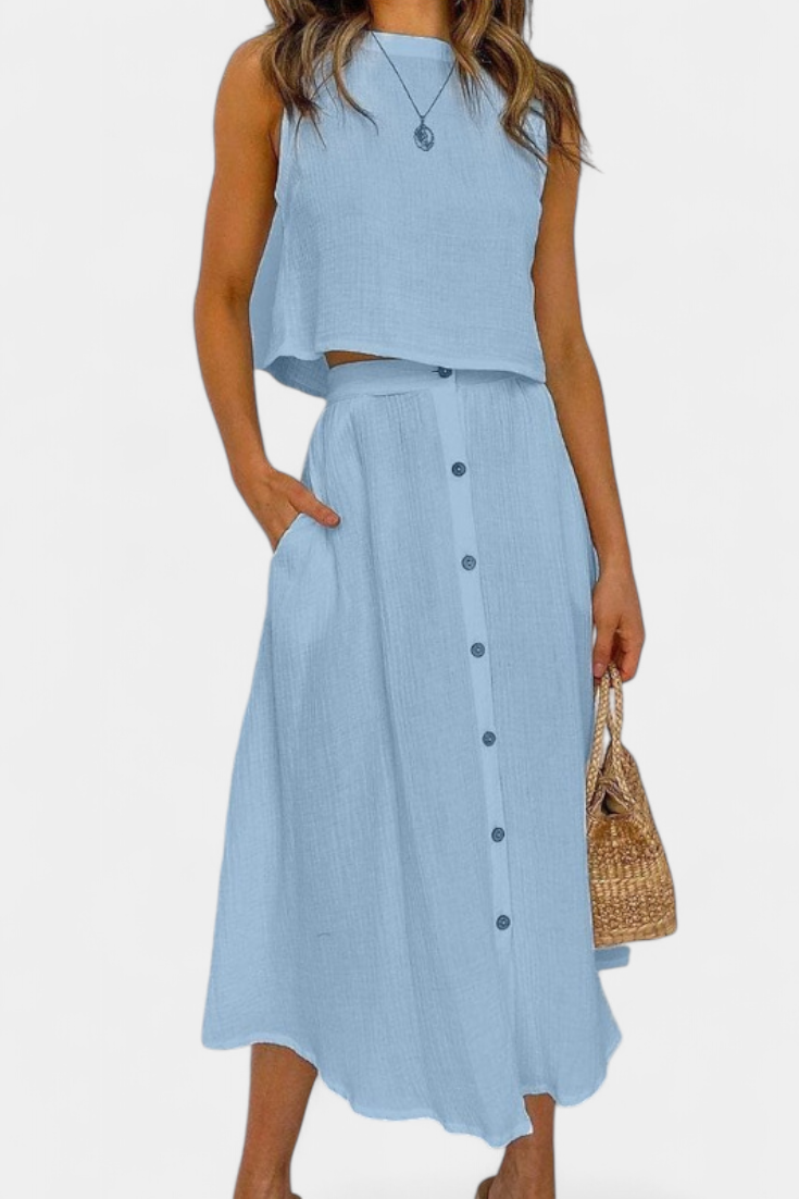 Naha Ensemble Décontracté en Coton à Boutonnage Central et Jupe Midi