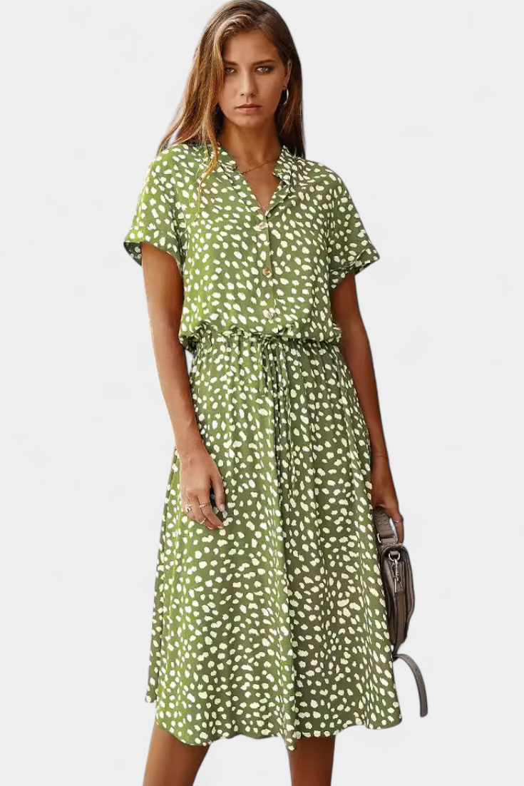 Robe Midi à Pois Rovena avec Col Chemisier et Taille Réglable