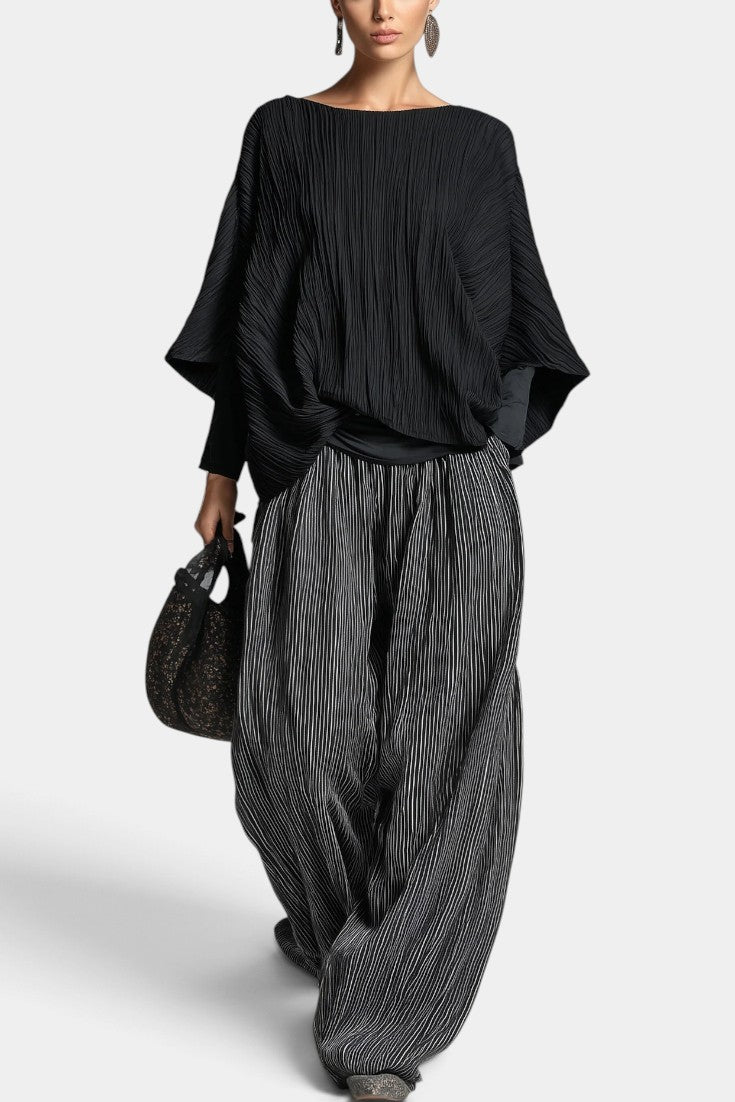 Ensemble plissé à haut ample et pantalon large fluide Mahaute Novdane, tissu léger et coupe confortable, style élégant et décontracté.