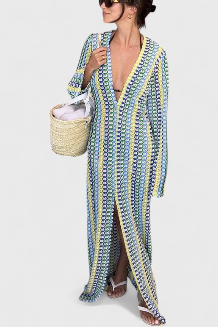 Crisanta Robe Longue à Imprimé Ondulé Multicolore et Décolleté en V