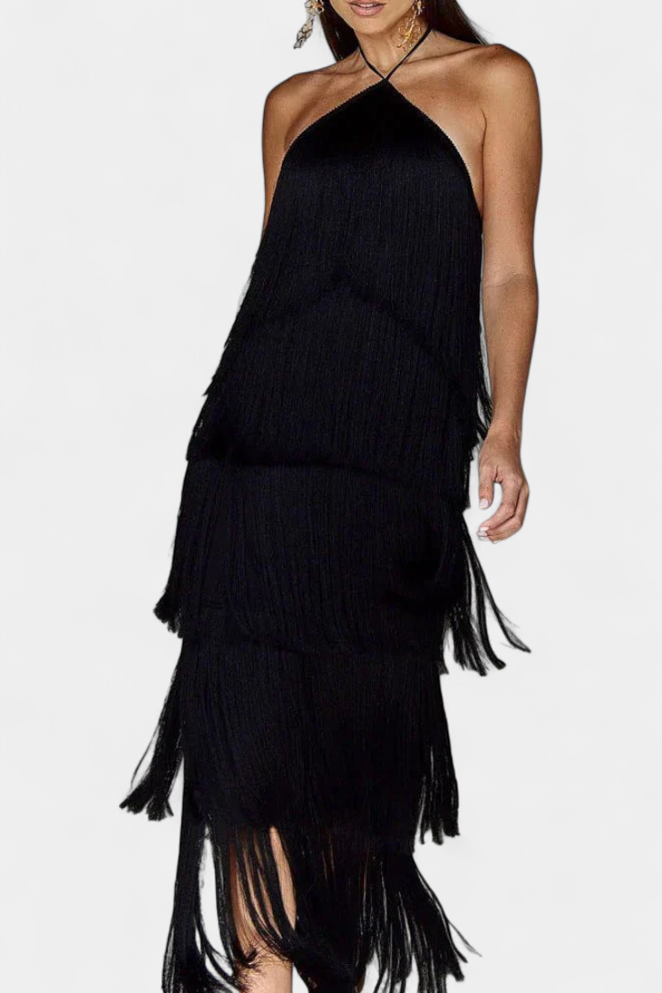 Saidey Robe Halter à Franges en Cascade et Dos Nu