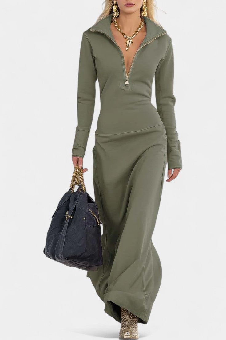 Nabila Robe Zippée Rose à Col en V et Coupe Ajustée