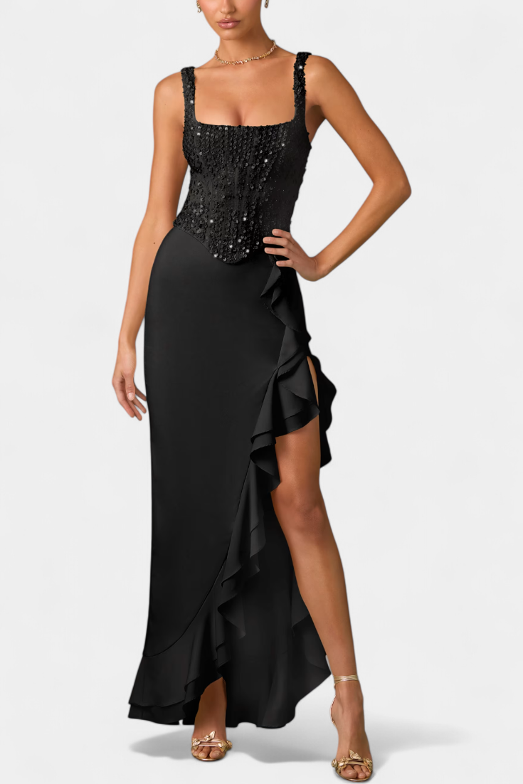 Cindy Robe Midi à Corset Structuré et Ourlet Asymétrique Volanté