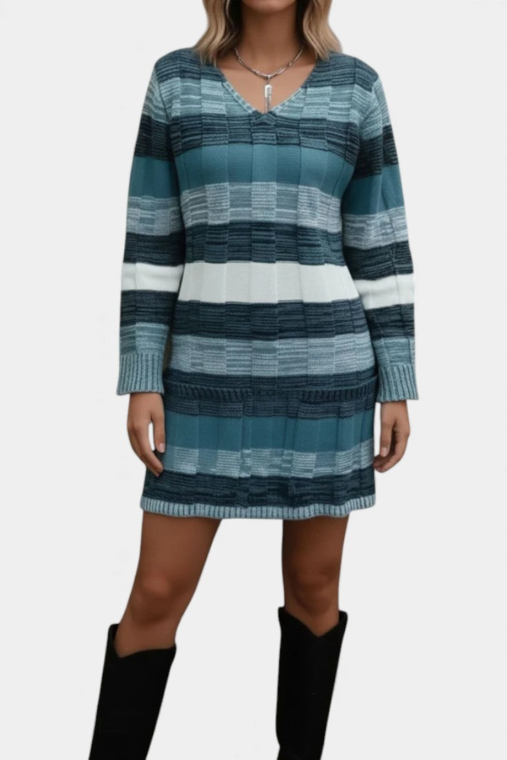 Lilas Robe Pull Tricotée à Rayures Colorées et Poches