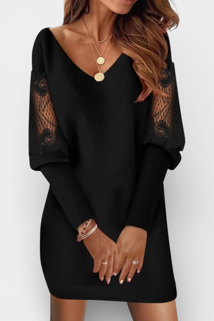 Francine Robe en Dentelle Patchwork à Manches Longues et Décolleté en V
